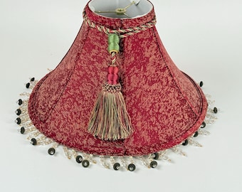 Vintage Burgundy Tassel Lamp Shade Victorian Fringe Teardrop Beaded Fabric