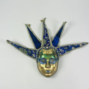 Venetian Jester Bold Mardi Gras Mask Blue Velvet Gold Bells Colorful Wall Decor or Carnival Decor Harlequin Accessory
