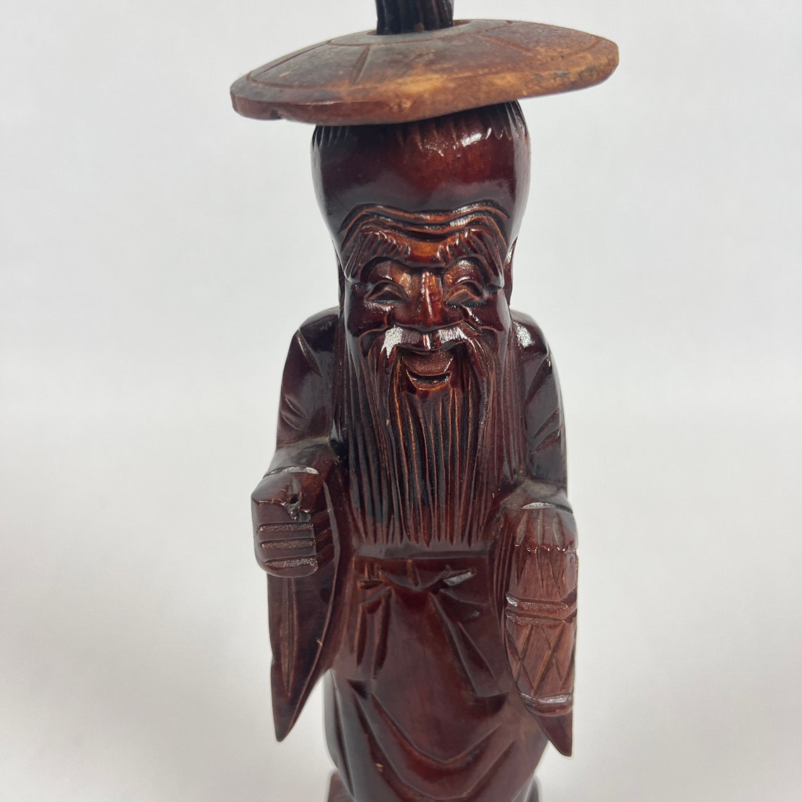 Vintage 12 Tall Chinese Wood Statue Wise Man W/fishing Pole N0 Fishing
