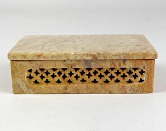 Artisan Hand Carved Stone Cricket Trinket with Lid Box Made India 4" x 3"