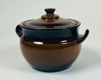 Vintage Pottery Brown Glaze Stoneware Crock Bean Pot W/ Handles and Lid Japan