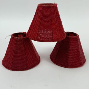 Burgundy set of 3 Beaded Mini Lamp Shades 4&quot; Chandelier Clip On Vintage Lighting