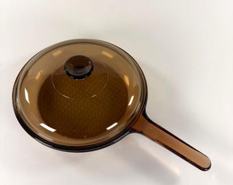 Vision Corning Ware Amber 10" Waffle Bottom Skillet Frying Pan With Lid USA