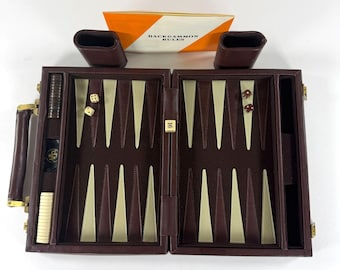 Vintage Apex Backgammon Set Faux Leather Case Brown Complete Travel Size