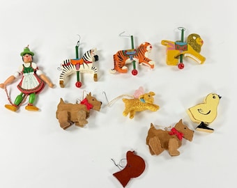 Vintage Wooden Christmas Ornaments Animals & Women Handcrafted With Strings