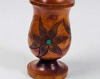 Handmade Turned Wood Carved 9.5" Floral Designed Wood Vase