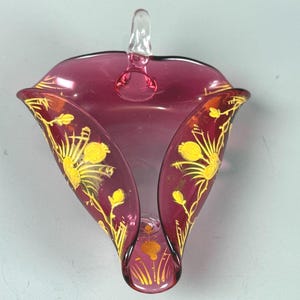 Vintage Hand Blown Art Glass Cranberry Yellow Curved MCM Decor Dish Bowl image 1