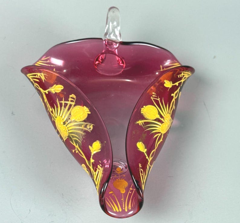 Vintage Hand Blown Art Glass Cranberry Yellow Curved MCM Decor Dish Bowl image 1
