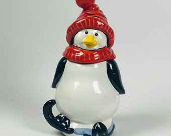 Pfaltzgraff 14" Black and White w/Red Hat Penguin Skate Cookie Jar