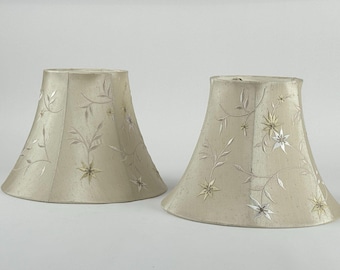 Vintage Embroidered Bell Lamp Shades Pair Floral Beige Fabric Cottage Chic Victorian Style Soft Neutral Romantic Lighting