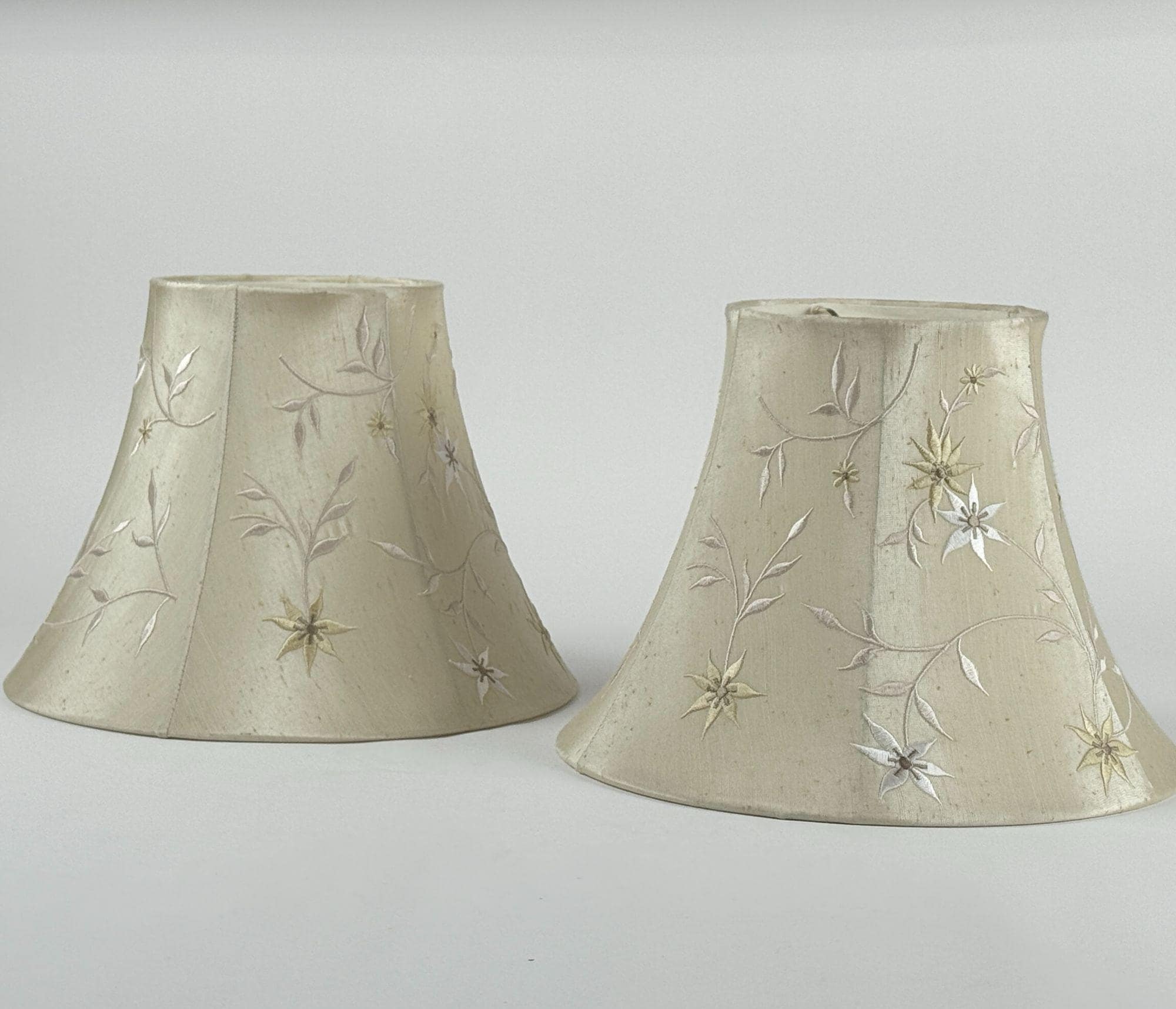 Vintage Embroidered Bell Lamp Shades Pair Floral Beige Fabric Cottage Chic Victorian Style Soft Neutral Romantic Lighting