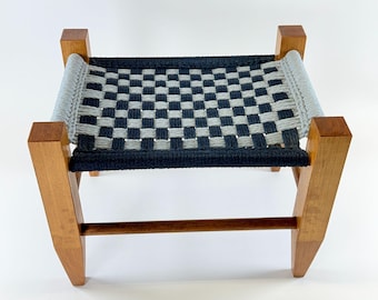 Vintage Wood FootStool With Red & Cream Checker Weaving Farmhouse Cabin Decor
