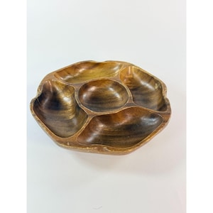 Vintage Handmade Monkey Pod Wood Bowl Divided Serving Tray Dish 5 Compartment