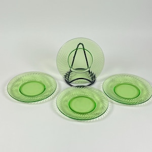 Uranium Green Depression Glass Plates Set 4  Anchor Hocking Swirl Pattern Glows Vintage Mid Century Kitchen Collectible