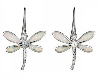 Drop earrings, Created Opal earrings, Dragonfly earrings,Sterling Silver earrings