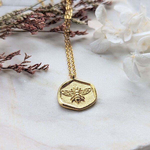 24k Gold Plated Wax Seal Bee Charm Pendant Necklace on a dainty 24k gold plated adjustable chain, Save the Bees Necklace, Bee Jewelry