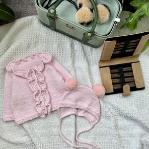 Baby girl set, cardigan, knitwear, baby bonnet