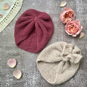 Gebreide tulband, babytulband, Little Miss Turban, gebreide muts, babymutsje, meisjesmuts, Engels patroon, pdf-patroon, breipatroon.