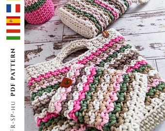 May include: A collection of handmade crochet bags and baskets in various sizes. The items feature a striped pattern in shades of pink, green, beige, and white. The bags have handles and straps, and the baskets are cylindrical.