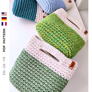 May include: A collection of handmade crochet bags in various colors, including teal, light blue, green, and off-white. Each bag features a textured stitch pattern and a contrasting top section. The bags are displayed on a white surface. The text "PDF PATTERN" is visible.