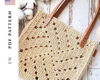 Granny Square Tote Crochet Pattern | Leather Strap Bag PDF | Vintage Market Tote | Reusable Shopping Bag