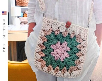 Patrón de crochet para bolso de mano (PDF) – Bolso de hombro cuadrado Flora Grandma (PDF) – Correa ajustable – Videotutorial paso a paso