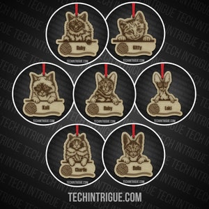 May include: Six wooden ornaments shaped like cat heads with yarn balls. Each ornament has a name on it: Kali, Ruby, Kitty, Loki, Charlie, and Bella. The ornaments are all on a dark background.