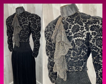 1890s True Victorian Antique Black Velvet Floral Corset Jacket-1900s S/XS
