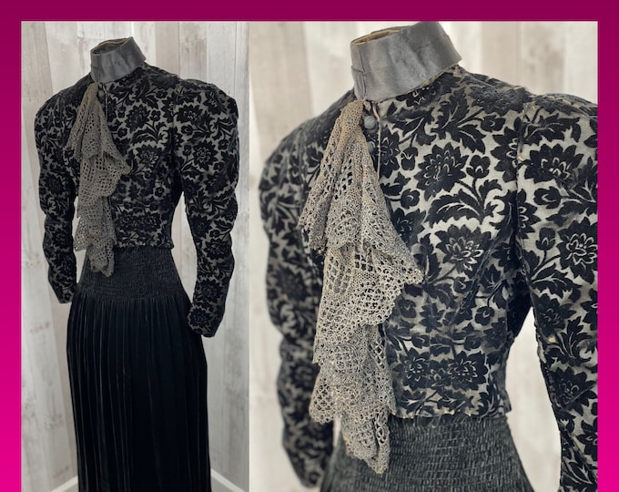 1890s True Victorian Antique Black Velvet Floral Corset Jacket-1900s S/XS