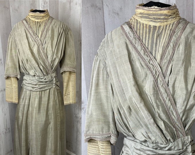 1910s Edwardian Dress Sage Green Antique Gown 1900s S/M