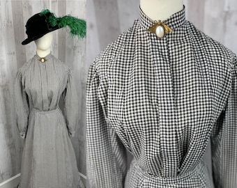 1910s Edwardian 2PC DRESS Gibson Girl Black/White Gingham Cotton Waist Shirt/Skirt Small