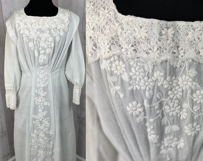 1910s Edwardian Tea Dress Antique Pale Blue Cotton 1900s Small