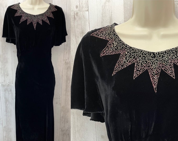 1920s Antique Dress~Black Velvet Beaded Art Deco Vintage Gown S/M