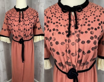 1910s NOS True Edwardian Dressing Gown~Antique Salmon Pink Wool Titanic Lace Sleeves S/M