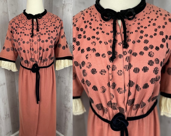 1910s NOS True Edwardian Dressing Gown~Antique Salmon Pink Wool Titanic Lace Sleeves S/M