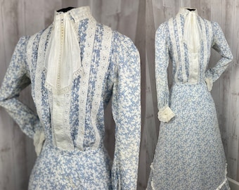 1890s Victorian 2PC Cotton Day  Dress Outfit Jacket/Skirt Antique Gown Blue Floral 1900s S XS