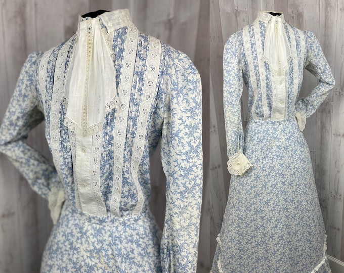 1890s Victorian 2PC Cotton Day  Dress Outfit Jacket/Skirt Antique Gown Blue Floral 1900s S XS