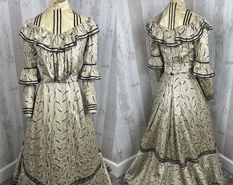 1890s~1900s Edwardian Gown 2PC Gibson Girl Dress Silk Brocade Gold & Black Outfit with Corset Jacket/Skirt Wearable Girls/Jrs XSmall 32x21