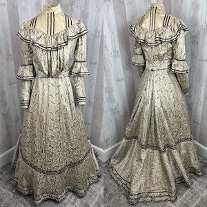 1890s~1900s Edwardian Gown 2PC Gibson Girl Dress Silk Brocade Gold & Black Outfit with Corset Jacket/Skirt Wearable Girls/Jrs XSmall 32x21
