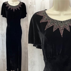 1920s Antique Dress~Black Velvet Beaded Art Deco Vintage Gown S/M