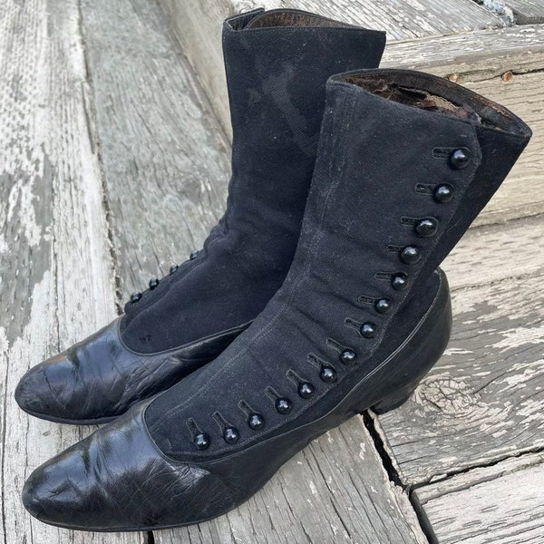 1890s Antique Victorian Womens 2Tone Button Boots Leather/Canvas Vintage-Refer to Measurements