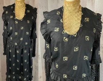 1910s Edwardian Dress True Antique Gown Black Silk Ruffle Trim 1900s Small