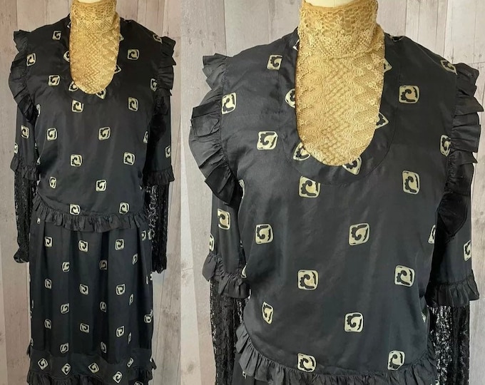1910s Edwardian Dress True Antique Gown Black Silk Ruffle Trim 1900s Small