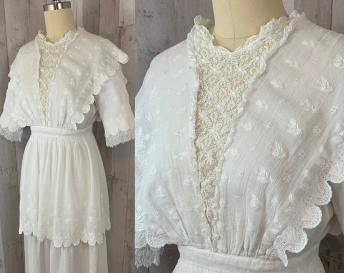 1910s Edwardian Dress~Sheer White Batiste Cotton Lawn Dress 1900s XS/S