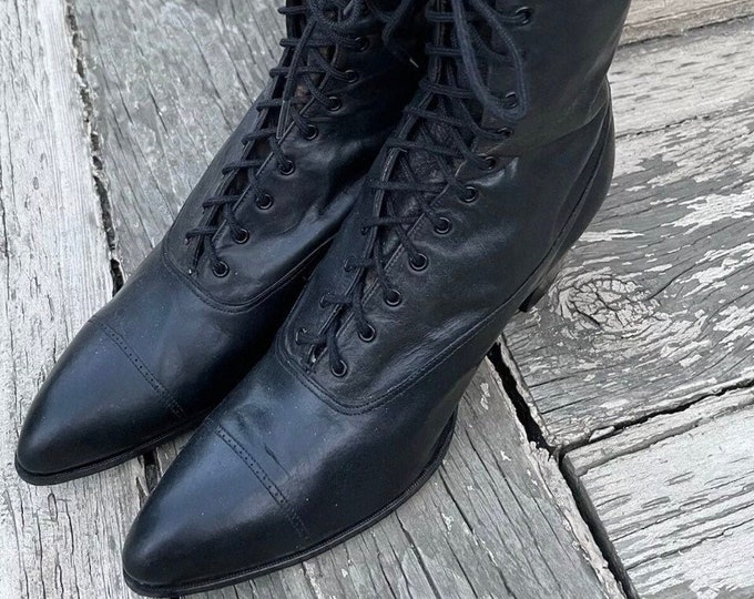 1910s True Edwardian Granny Boots Soft Black Leather Vintage Lace Up 9” Womens/Girls