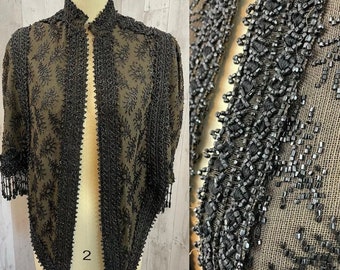 1890s-1900s Cape / Cloak Antique VICTORIAN Edwardian Beaded Black Caplet S/M