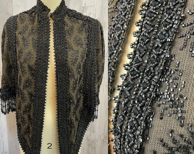 1890s-1900s Cape / Cloak Antique VICTORIAN Edwardian Beaded Black Caplet S/M