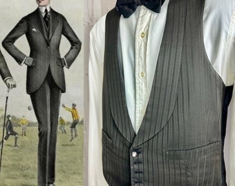 1910s Antique Vest Formal Black Pinstripe Brocade Collar 1920s Menswear Unisex S/M 35" Chest