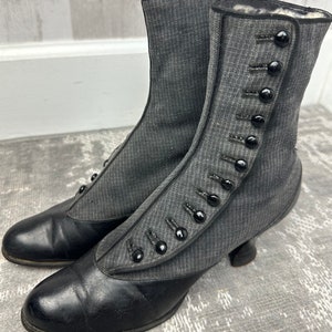 1900s Edwardian Button Boots~2Tone Black Gray Pinstripe  Spool Heel Antique Wool/Leather/Canvas 1910s