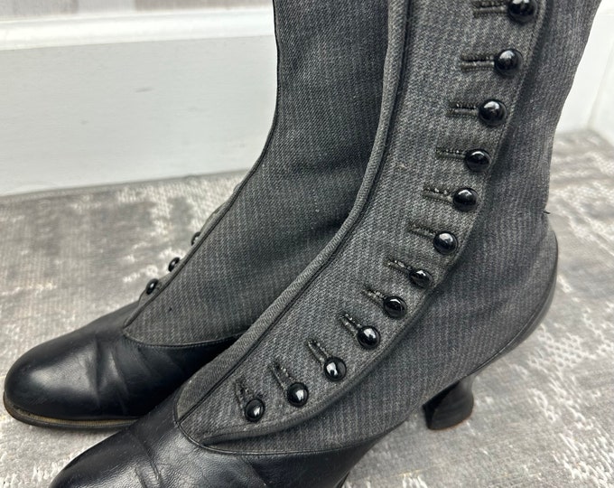 1900s Edwardian Button Boots~2Tone Black Gray Pinstripe  Spool Heel Antique Wool/Leather/Canvas 1910s